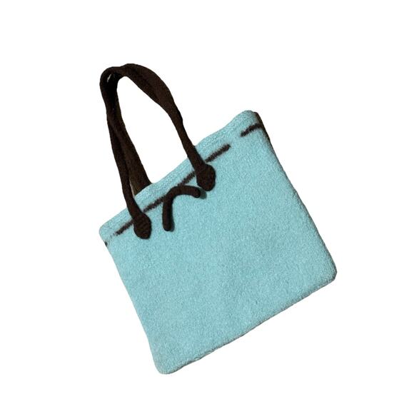 Vintage Robins Egg Blue & Brown Boiled Wool Purse Tote Bag Knit Soft Frowny Face - Picture 2 of 5